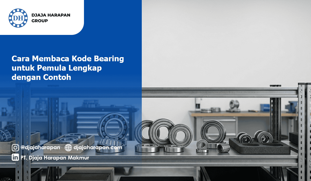 Banner cara membaca kode bearing untuk pemula dengan tampilan berbagai jenis bearing di rak industri