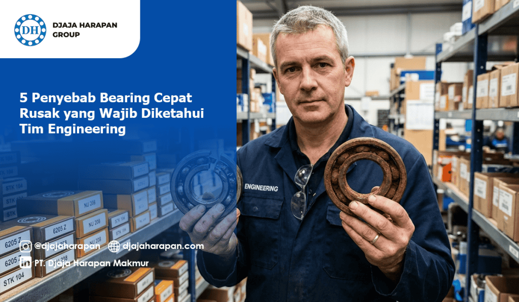 Teknisi engineering memegang bearing rusak akibat korosi di gudang sebagai ilustrasi penyebab bearing cepat rusak