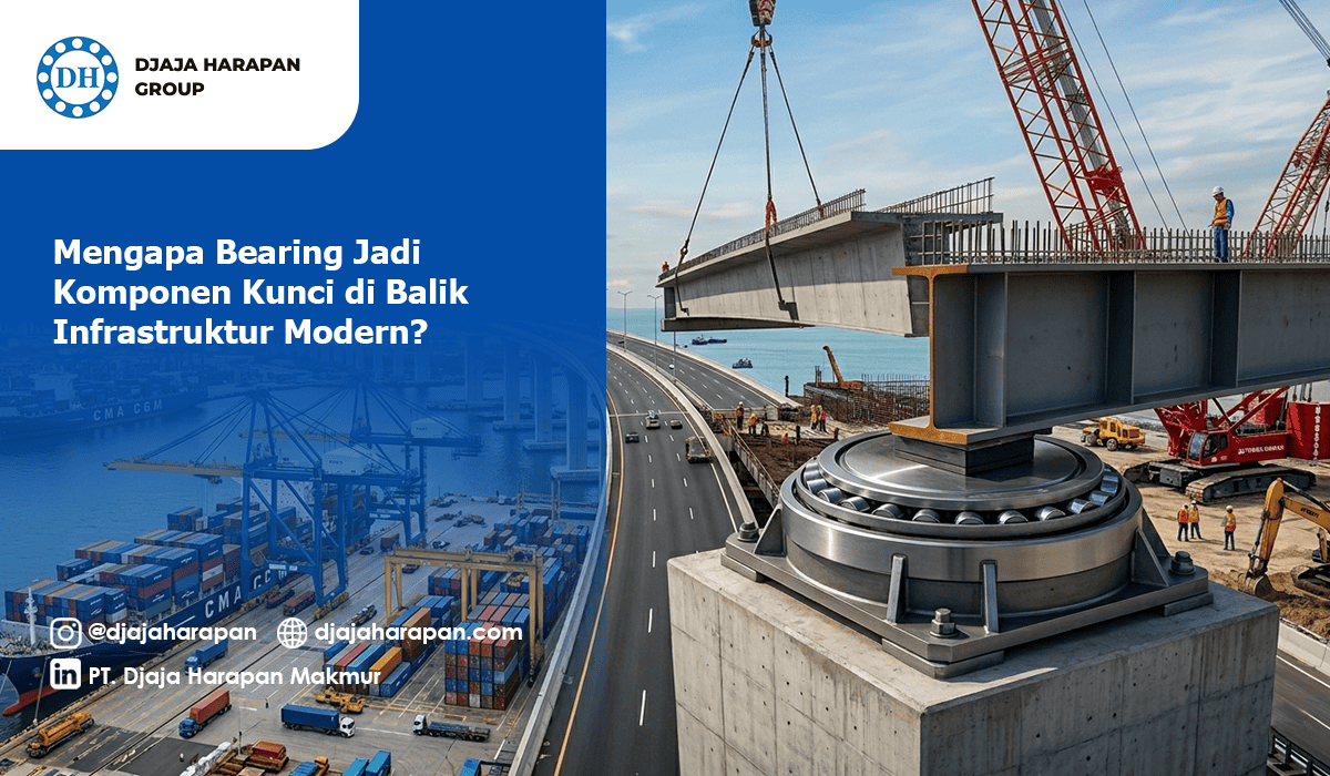 Implementasi komponen bearing industrial pada struktur jembatan dan infrastruktur pelabuhan modern.