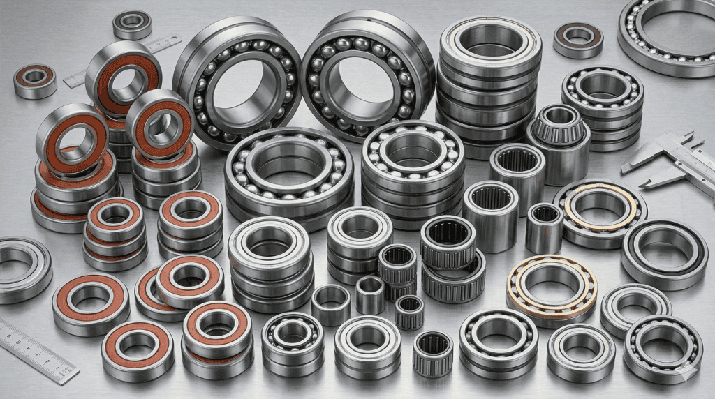 Berbagai jenis industrial bearings seperti deep groove ball bearings, roller bearings, dan needle bearings tertata rapi di atas meja kerja teknis.