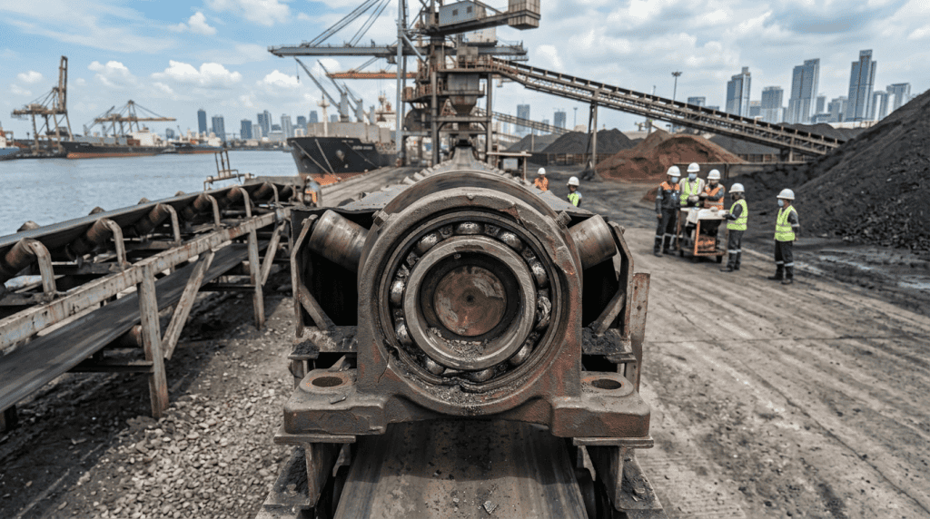 Detail komponen bearing pada sistem konveyor pelabuhan untuk distribusi material industri berat.