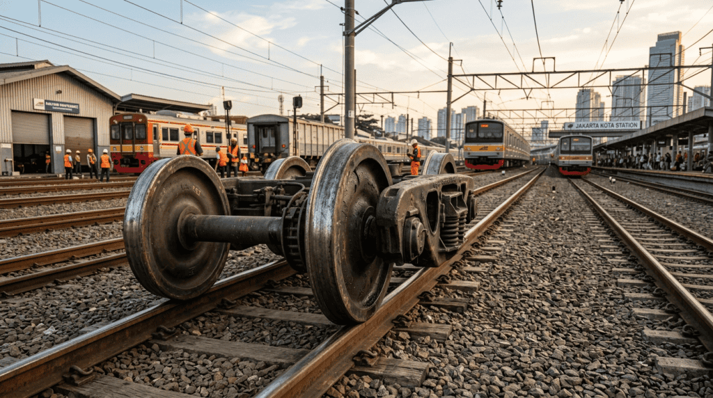Komponen bogie dan wheelset kereta api dengan bearing industrial di Stasiun.