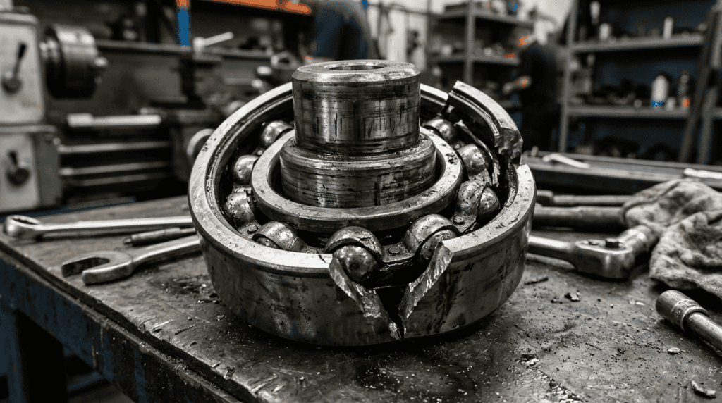 Kerusakan bearing akibat beban berlebih atau overload pada mesin industri.
