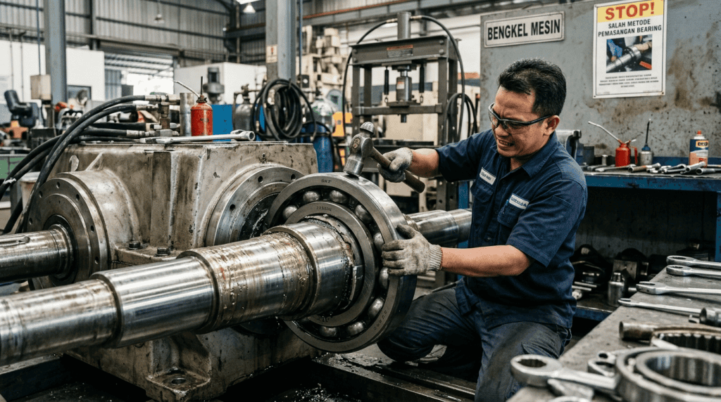 Teknisi memasang bearing mesin industri dengan metode yang tidak tepat menggunakan palu