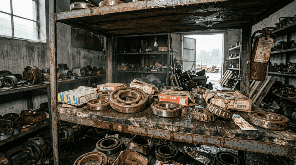 Kesalahan penyimpanan bearing di gudang yang lembap menyebabkan karat dan kerusakan korosi pada komponen mesin.