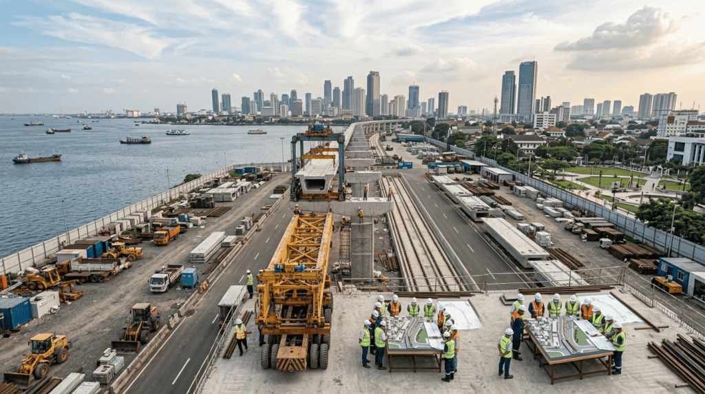 Proyek pembangunan jalur kereta layang LRT/MRT menggunakan bearing industrial untuk stabilitas struktur jembatan beton.
