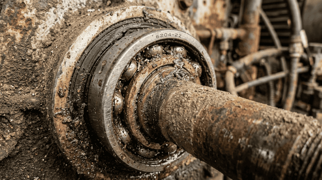 Bearing mesin industri kotor dan berkarat akibat kontaminasi debu dan kotoran pada sistem