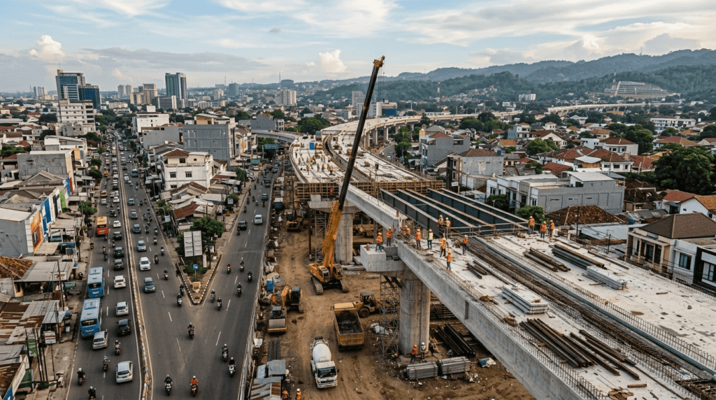 Proyek pembangunan jalan layang dan jembatan di area perkotaan menggunakan alat berat dan bearing infrastruktur.