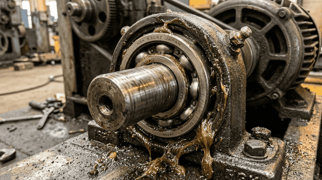Bearing mesin industri dengan pelumas berlebih dan kotor sebagai ilustrasi kesalahan penggunaan pelumas bearing