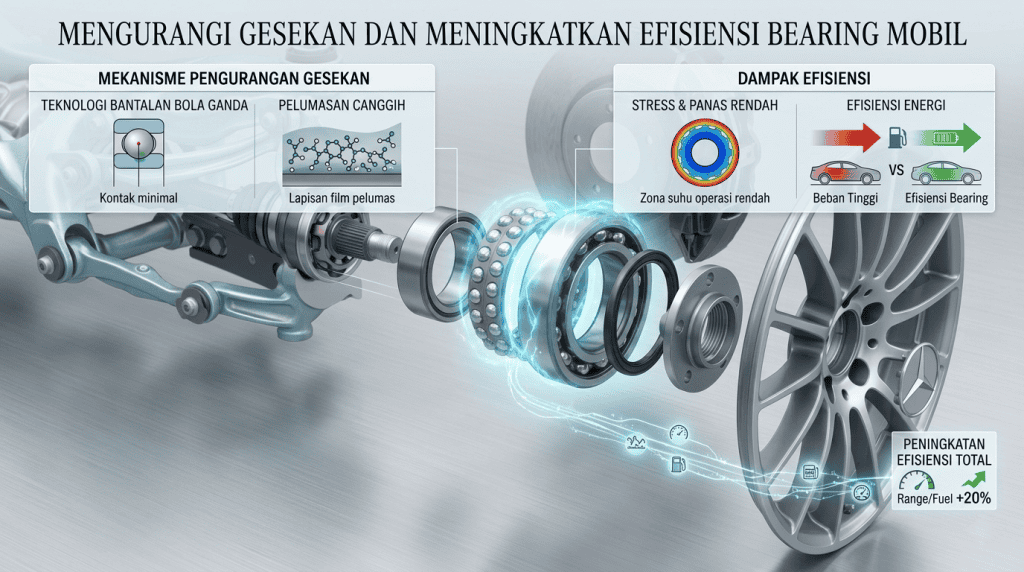Infografis mekanisme pengurangan gesekan pada wheel bearing mobil melalui teknologi bola ganda dan pelumasan canggih untuk efisiensi bahan bakar.