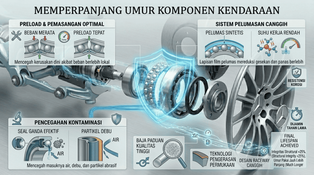 Infografis cara memperpanjang umur bearing mobil melalui preload optimal, sistem pelumasan sintetis, dan pencegahan kontaminasi segel ganda.
