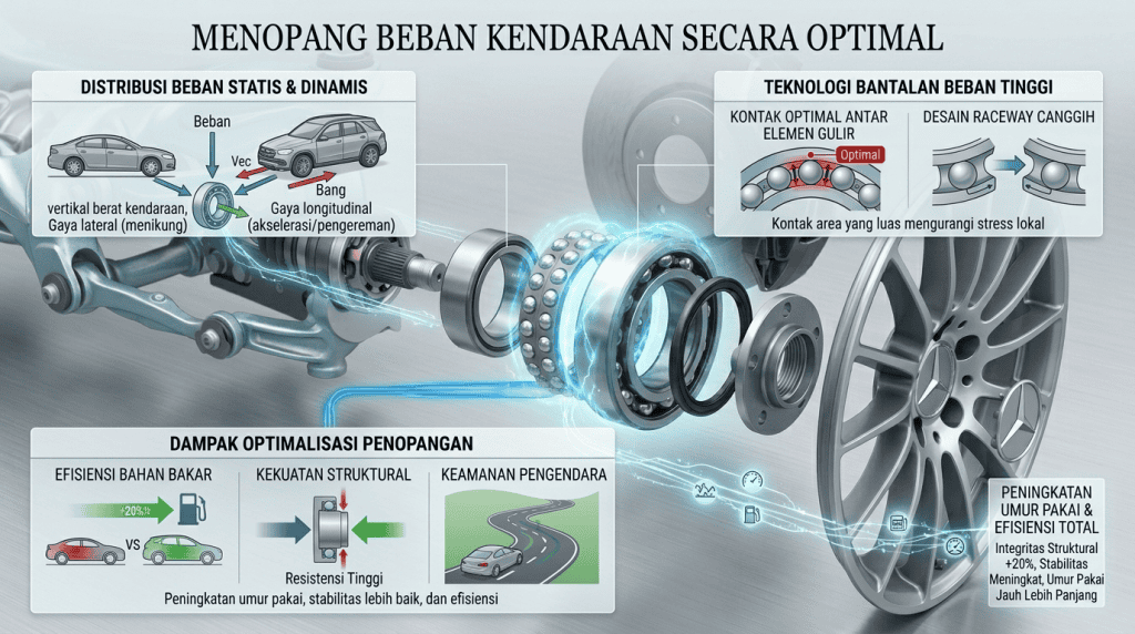 Infografis teknis mekanisme hub bearing mobil menopang beban statis dan dinamis kendaraan secara optimal dengan teknologi raceway canggih.