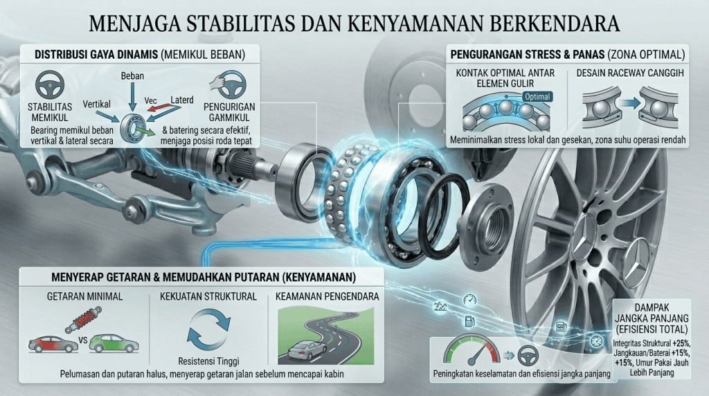 Infografis peran bearing mobil dalam menjaga stabilitas berkendara melalui distribusi gaya dinamis dan penyerapan getaran untuk kenyamanan kabin.