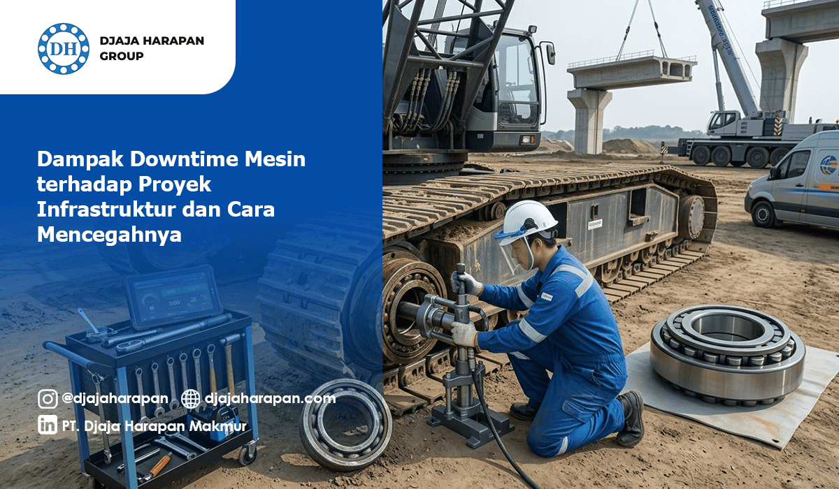 Seorang teknisi sedang melakukan perbaikan bearing excavator crawler di lokasi proyek konstruksi infrastruktur untuk mencegah downtime mesin.