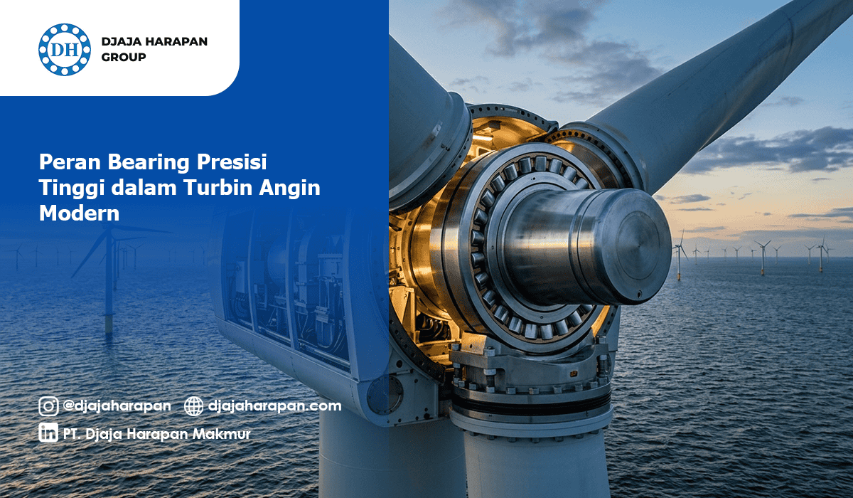 Detail bearing presisi tinggi pada sistem transmisi turbin angin lepas pantai modern dari Djaja Harapan Group.