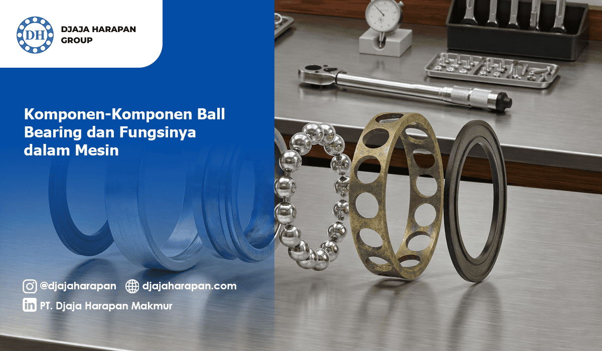 Komponen-komponen ball bearing meliputi inner ring, outer ring, bola baja, dan cage untuk mesin industri.