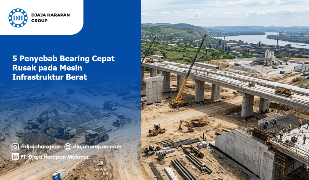 Penyebab bearing cepat rusak pada mesin infrastruktur berat dengan latar belakang proyek pembangunan jalan tol dan alat berat.