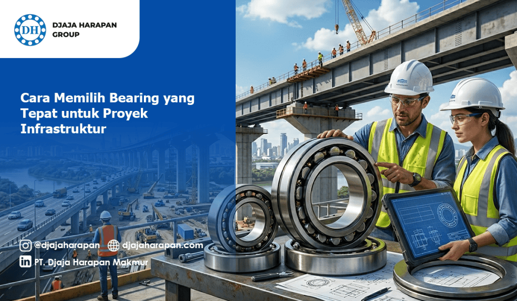 Dua teknisi konstruksi sedang memeriksa bearing industri besar di lokasi proyek infrastruktur jembatan layang oleh Djaja Harapan Group.