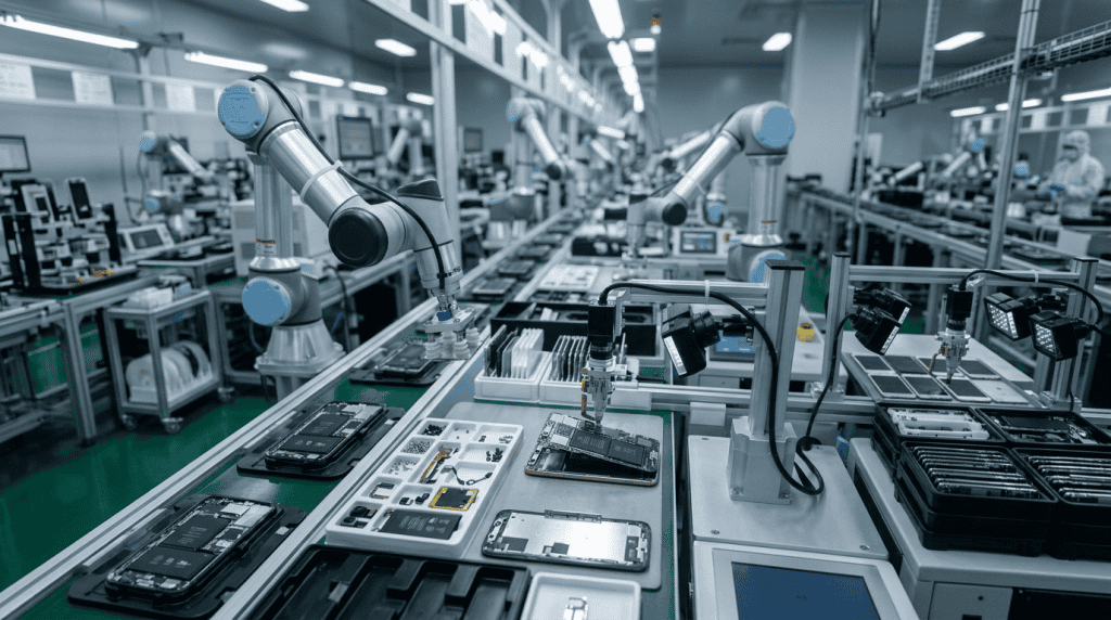 Lini produksi otomatis perakitan smartphone menggunakan lengan robot presisi tinggi di pabrik modern.