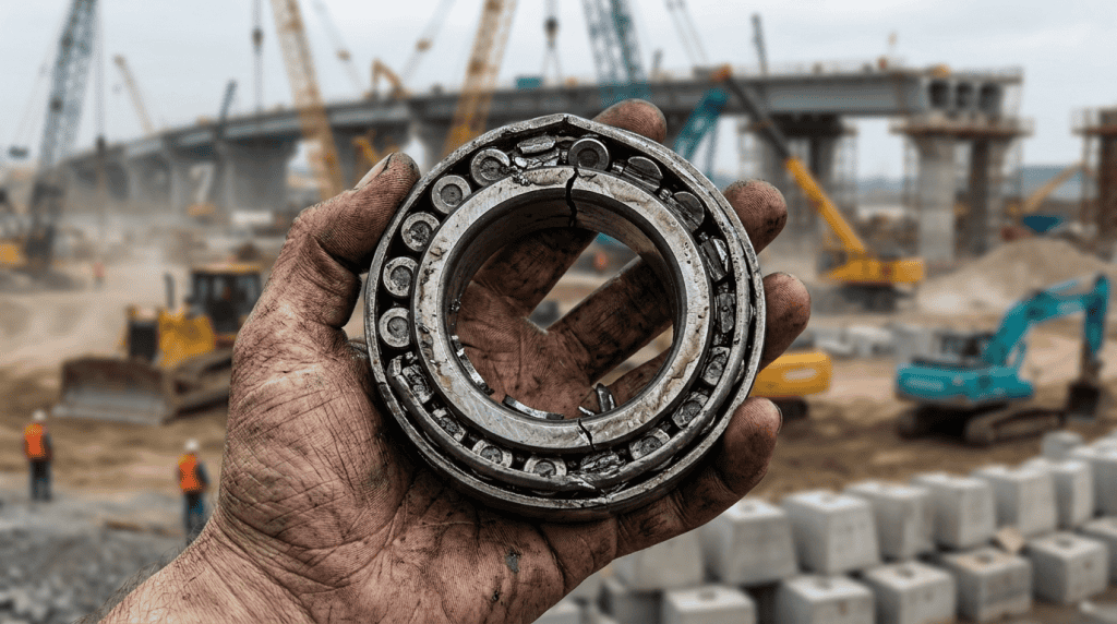 Tangan mekanik memegang bearing alat berat yang patah dan rusak dengan latar belakang proyek pembangunan infrastruktur jalan layang yang blur.