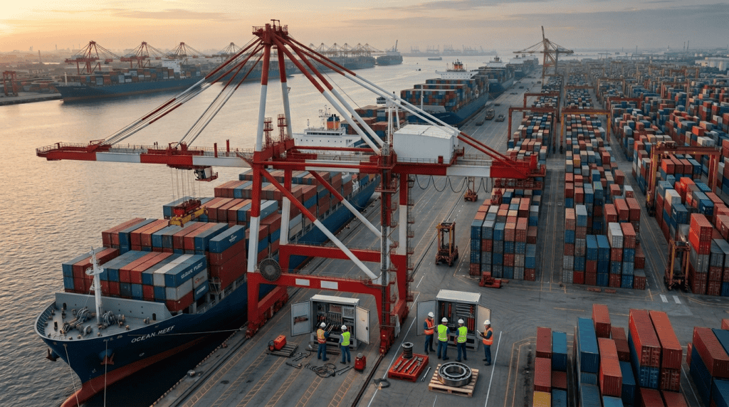 Pemandangan udara terminal peti kemas pelabuhan yang sibuk saat matahari terbit, menampilkan derek gantry merah besar, kapal kontainer, dan penumpukan ribuan peti kemas warna-warni.