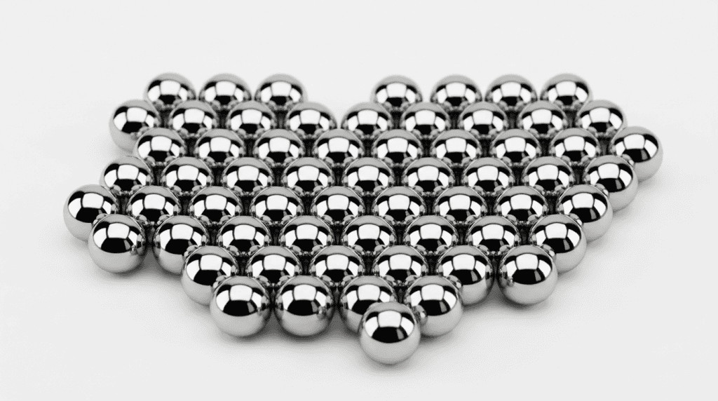 Kumpulan bola baja presisi (ball elements) untuk komponen ball bearing mesin industri dengan permukaan krom yang mengkilap.