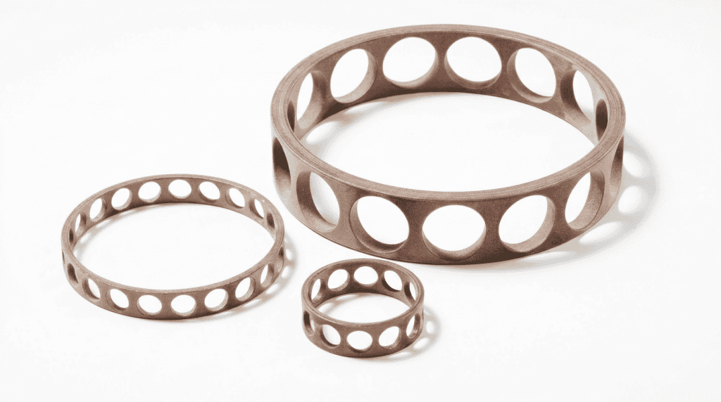 Komponen cage atau retainer ball bearing dari material kuningan atau polimer untuk menjaga jarak elemen gelinding.