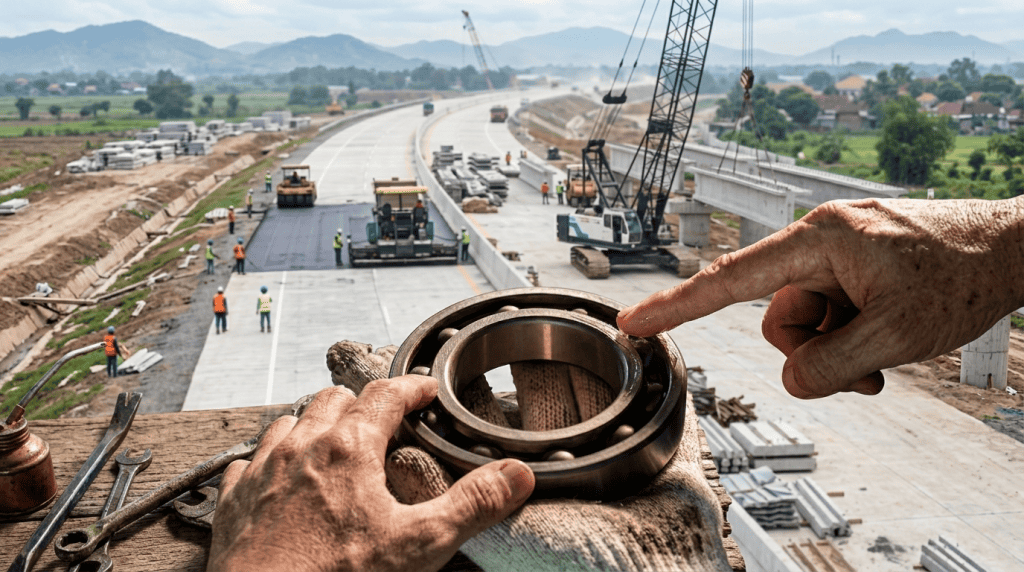 Tangan mekanik melakukan pelumasan pada ring luar bearing alat berat dengan latar belakang proyek pengaspalan jalan tol yang sedang berlangsung.