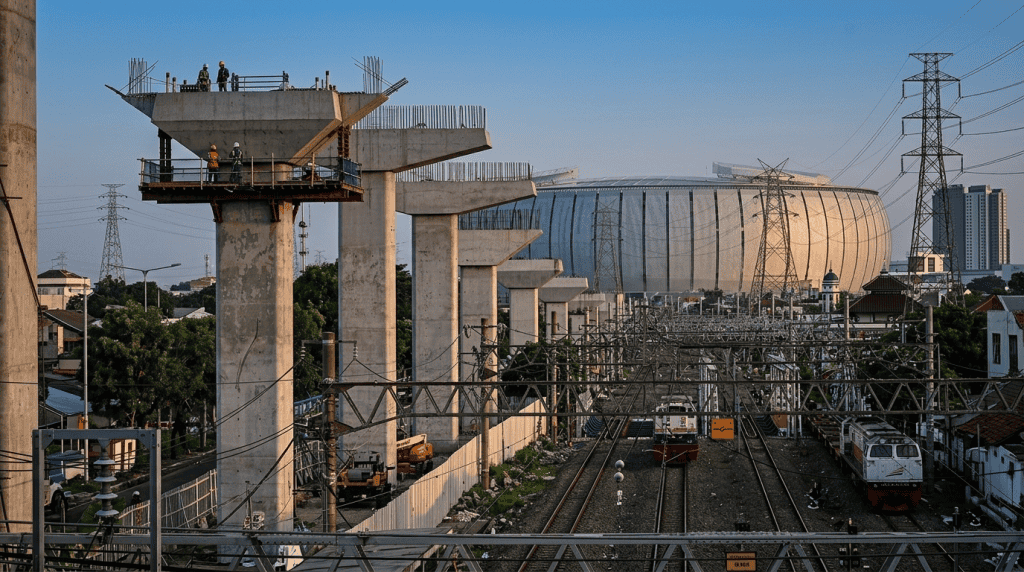 Jakarta International Stadium (JIS) di latar belakang proyek konstruksi transportasi massal dan kereta Commuter Line.