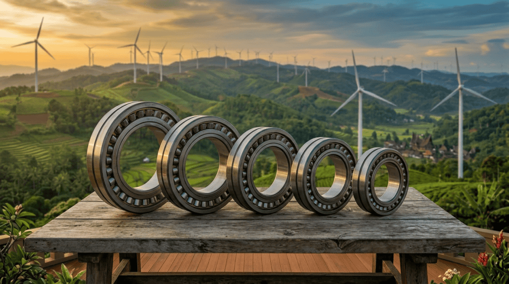 Berbagai ukuran bearing industri untuk komponen kritis turbin angin dengan latar belakang PLTB di perbukitan Indonesia.
