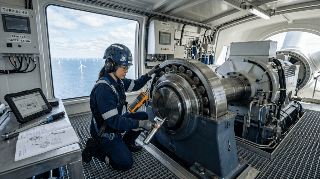 Teknisi melakukan maintenance main bearing pada turbin pembangkit listrik tenaga angin untuk mengoptimalkan efisiensi konsumsi energi
