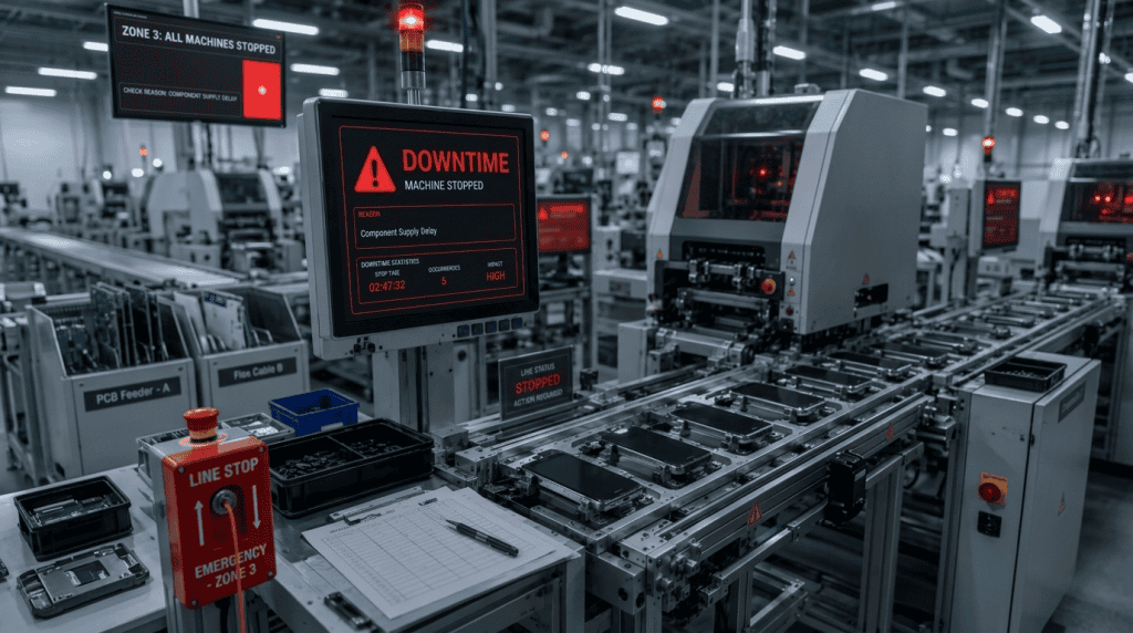 Lini produksi pabrik elektronik yang berhenti beroperasi (downtime) akibat gangguan pasokan komponen