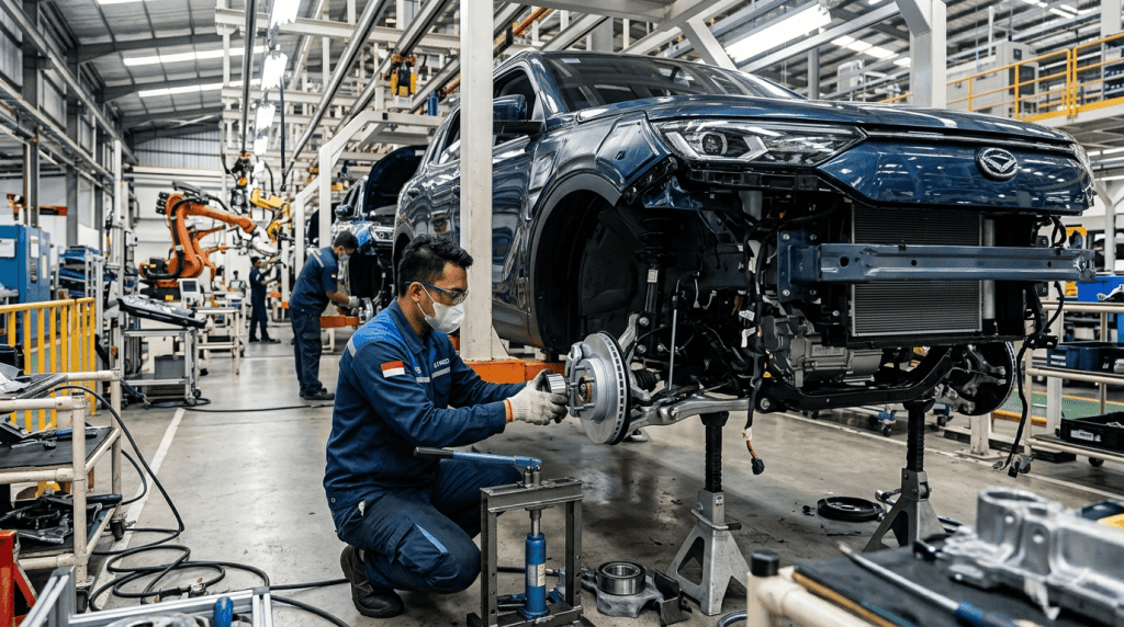 Teknisi pabrik sedang memasang komponen bearing roda pada piringan rem mobil di lini perakitan otomotif Djaja Harapan Group.
