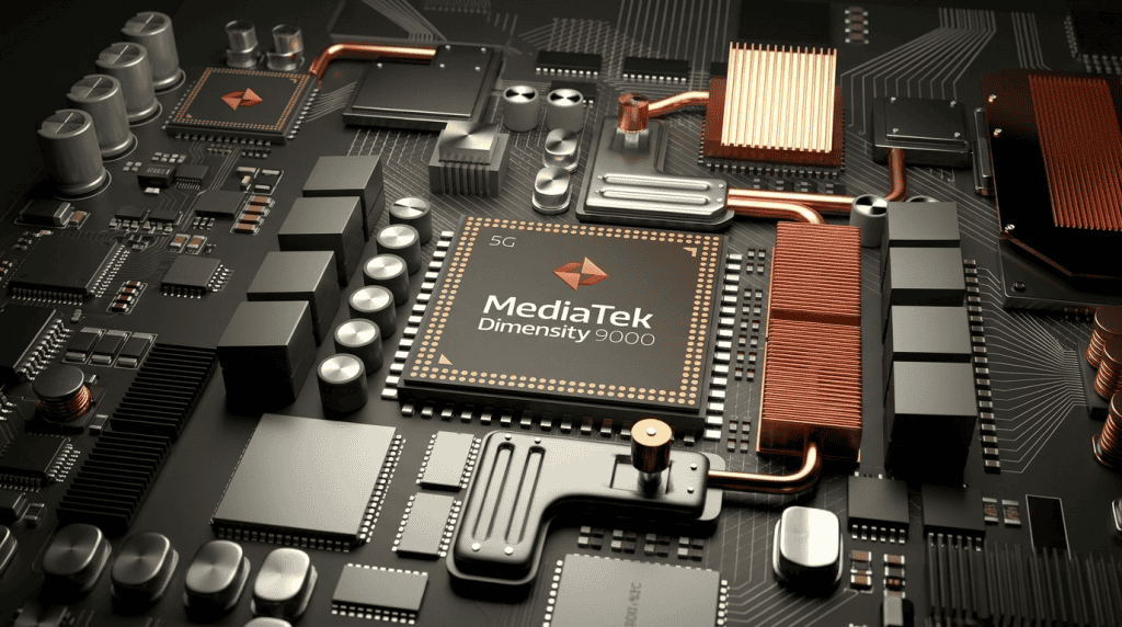 Detail papan sirkuit elektronik canggih dengan prosesor MediaTek Dimensity 9000, yang mewakili sektor produksi elektronik global