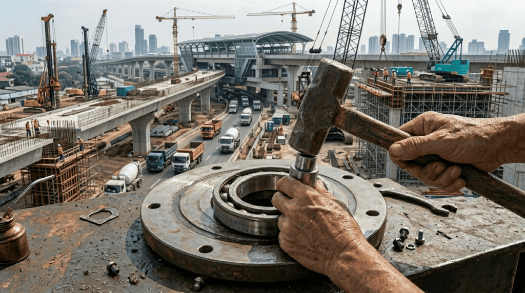 Close-up pemasangan bearing alat berat menggunakan palu yang salah dengan latar belakang proyek pembangunan stasiun dan jalur kereta layang.