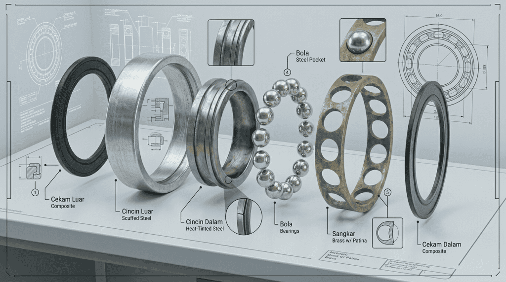 Diagram exploded view komponen ball bearing yang menunjukkan cincin luar, cincin dalam, bola baja, sangkar brass, dan cekam composite.