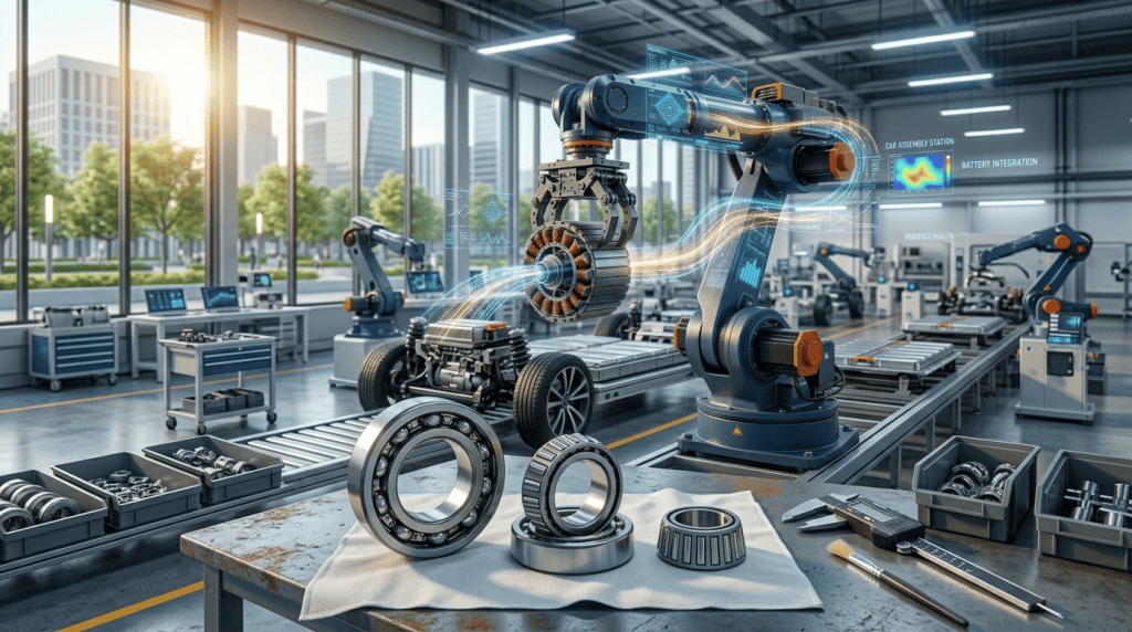Komponen bearing berkualitas di atas meja kerja dengan latar belakang lengan robotik yang merakit motor listrik pada lini produksi EV otomotif.