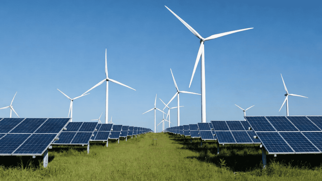 Panel surya dan turbin angin sebagai representasi peran industri bearing dalam mendukung transisi energi terbarukan.