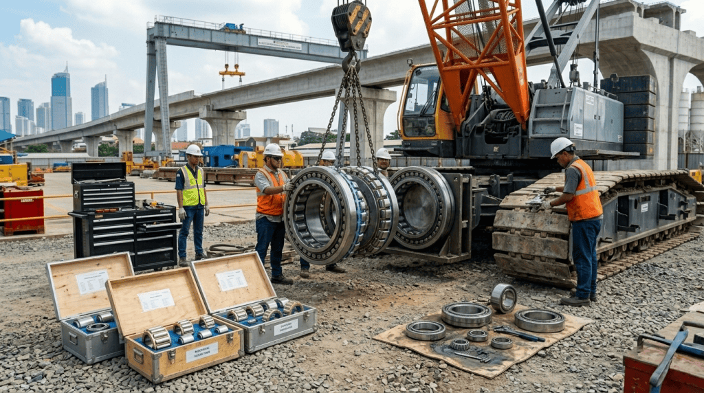 Tim teknisi sedang menyesuaikan dan memasang bearing industri besar pada mesin crawler crane di lokasi proyek konstruksi infrastruktur jembatan layang.