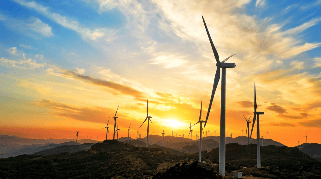 Deretan turbin angin pada pembangkit energi terbarukan yang menggambarkan tantangan efisiensi dan keandalan sistem industri modern.