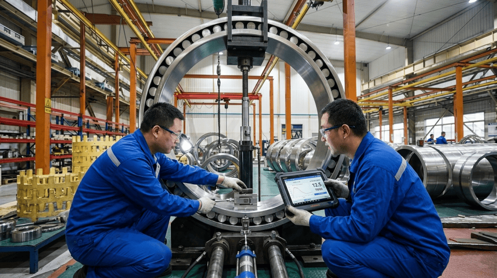 Dua teknisi ahli sedang melakukan kalibrasi dan pengukuran beban kerja (workload) pada bearing industri berukuran besar menggunakan perangkat tablet digital di fasilitas manufaktur.