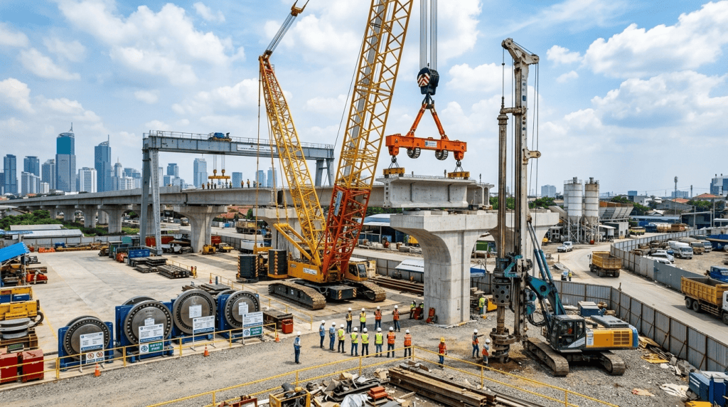 Kesibukan lingkungan kerja proyek pembangunan LRT dengan crane crawler besar, alat bor tiang pancang, dan deretan bearing industri raksasa di area konstruksi perkotaan.