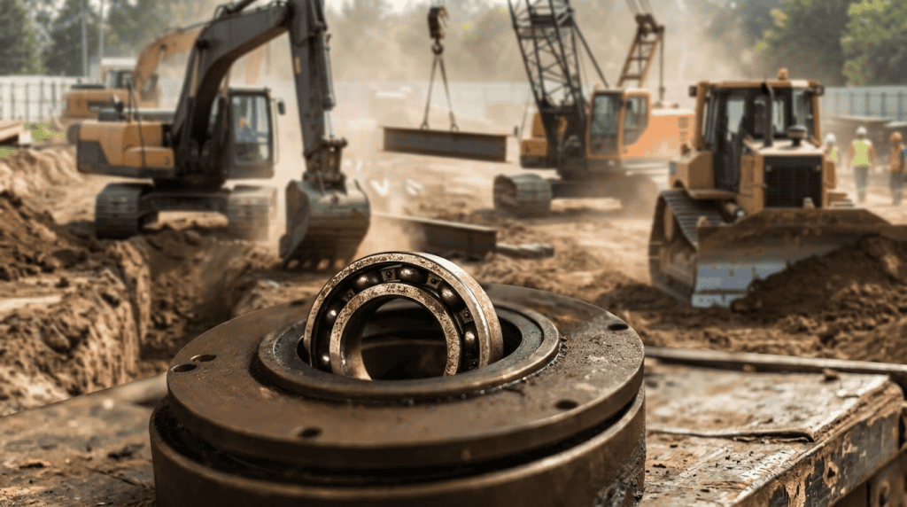 Close-up bearing alat berat yang terkontaminasi debu dan tanah di lokasi proyek konstruksi infrastruktur dengan latar belakang ekskavator dan bulldozer.