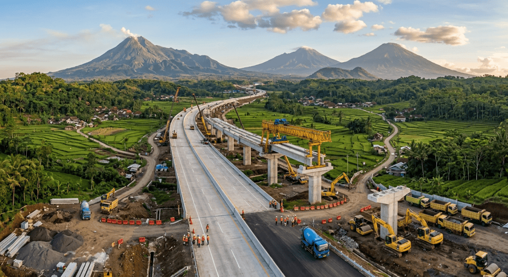 Pemandangan Udara Proyek Pembangunan Jalan Tol dengan Latar Belakang Gunung Berapi dan Sawah Hijau