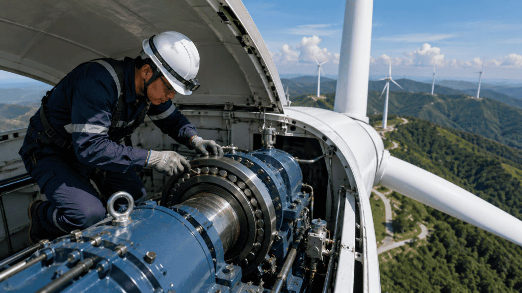 Teknisi melakukan penggantian bearing turbin angin untuk mencegah downtime operasional dan menekan biaya perbaikan industri