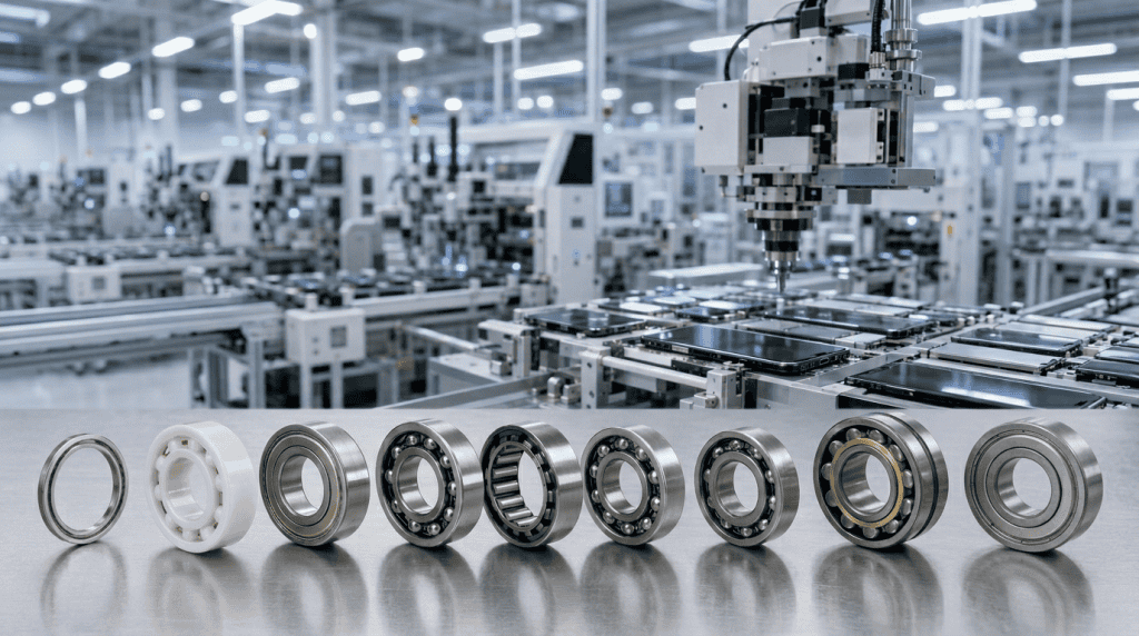 Berbagai jenis bearing industri yang disusun berderet dengan latar belakang lini produksi perakitan smartphone otomatis.