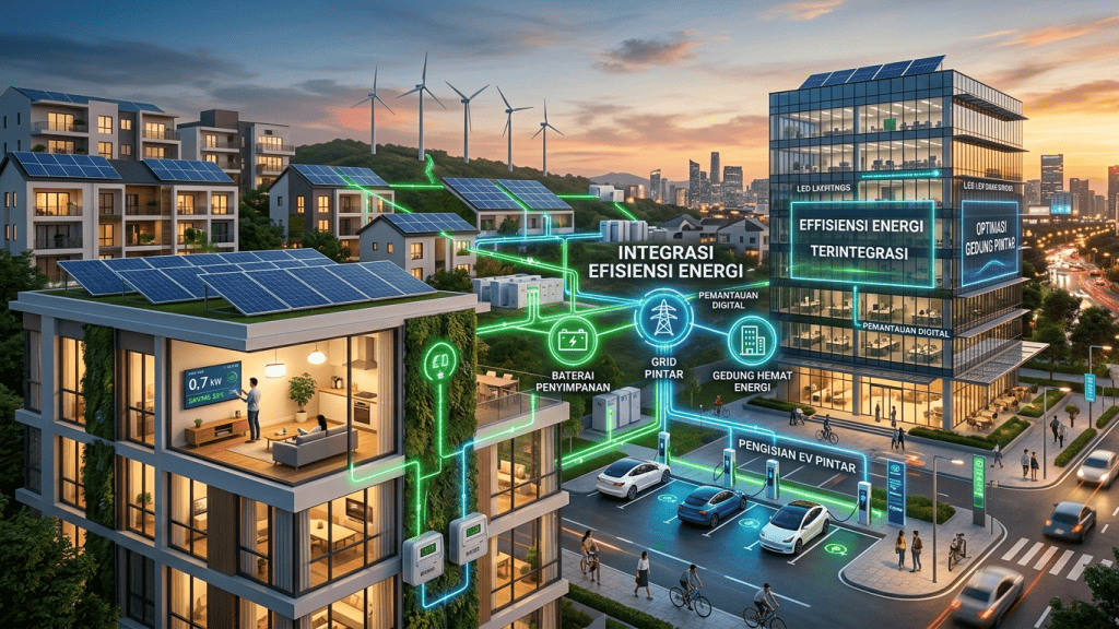 Infografis integrasi efisiensi energi industri melalui jaringan smart grid, panel surya, turbin angin, dan gedung pintar.