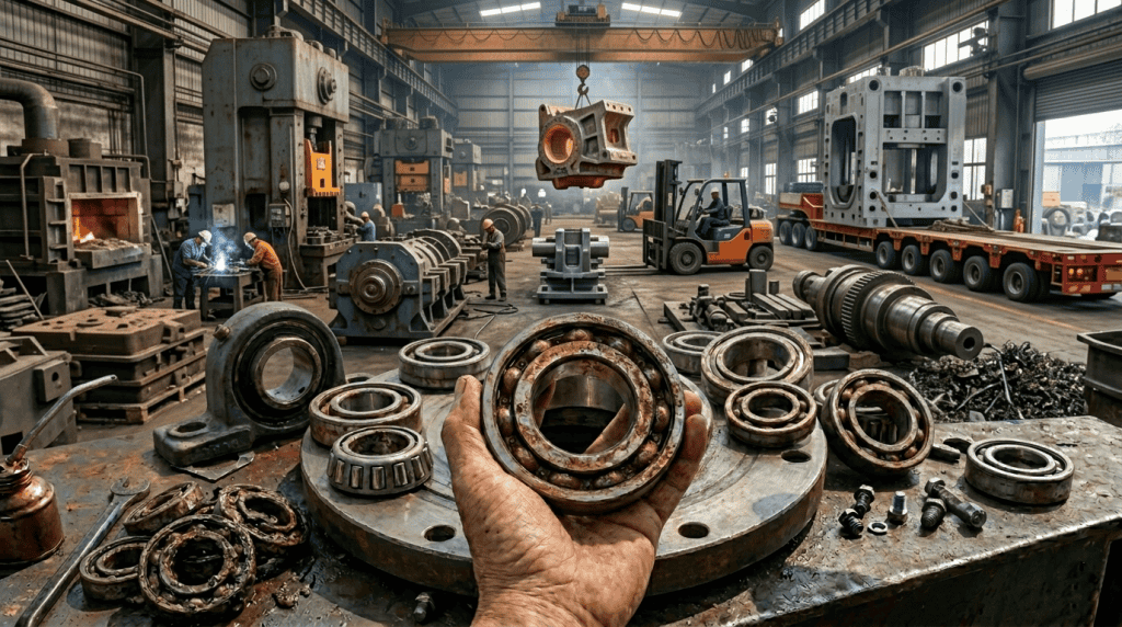 Tangan mekanik memegang ball bearing yang berkarat di bengkel industri berat dengan latar belakang aktivitas pabrik, forklift, dan mesin press besar.