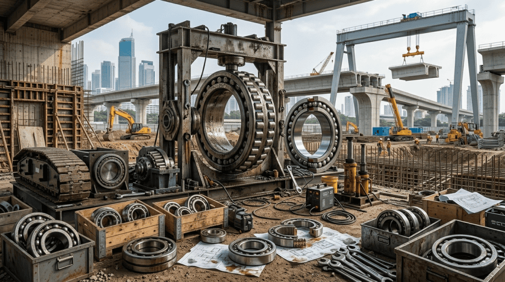 Berbagai jenis bearing industri asli berkualitas tinggi dalam kotak kayu dan besi di lokasi proyek infrastruktur, menunjukkan komitmen terhadap penggunaan suku cadang original.