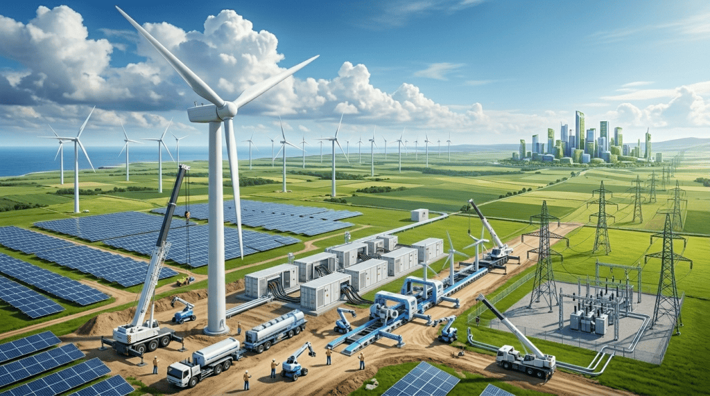 Proyek energi terbarukan dengan turbin angin dan panel surya yang menunjukkan lonjakan investasi industri energi serta meningkatnya kebutuhan bearing industri berkualitas.